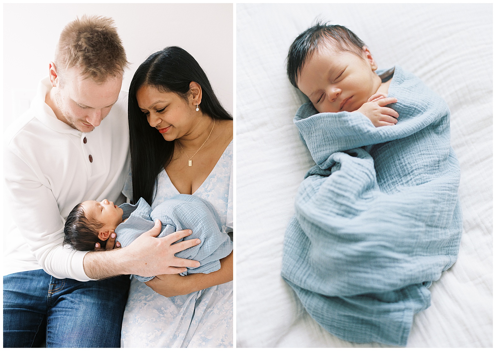 beautiful indian mother with newborn son wrapped in blue blanket taken by Alpharetta newborn photographer