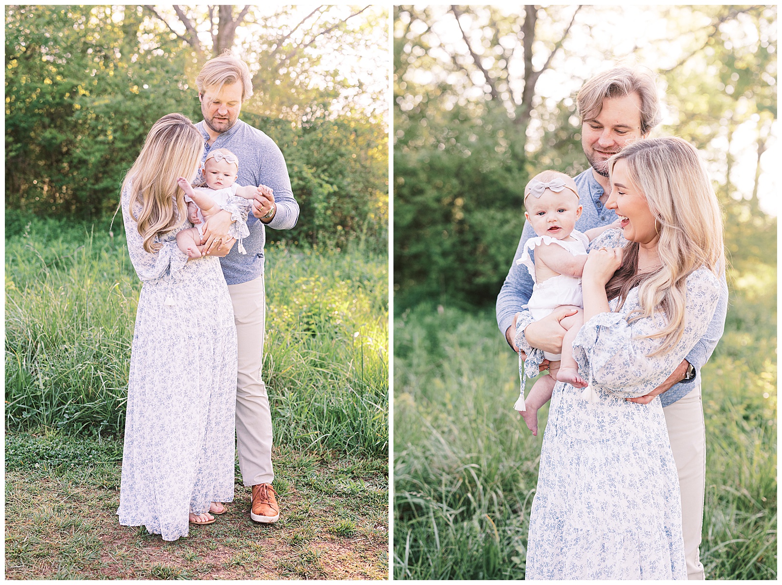 young family with baby girl smiling at baby at sunrise in kennesaw georgia